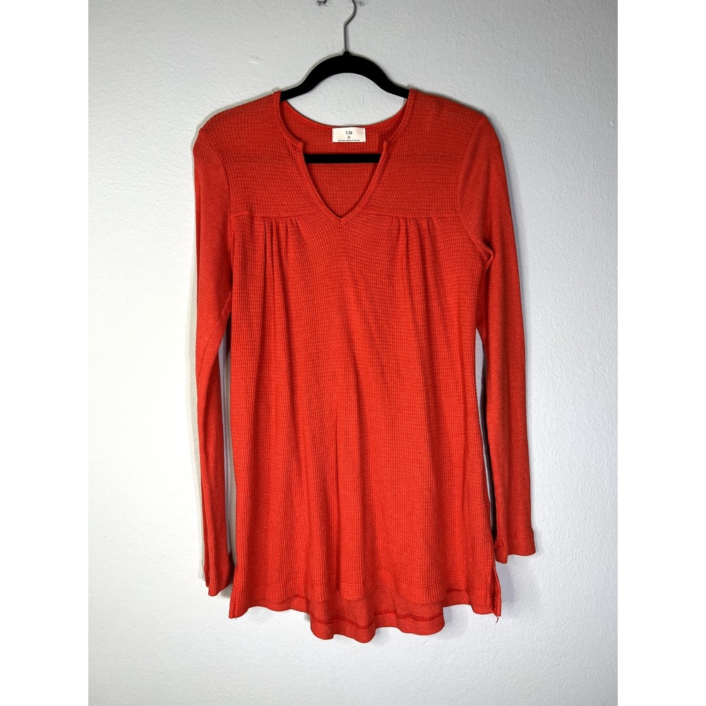 t.la‎ Top S Orange Anthropologie Waffle Knit Babydoll Notched Neck Long Slv
